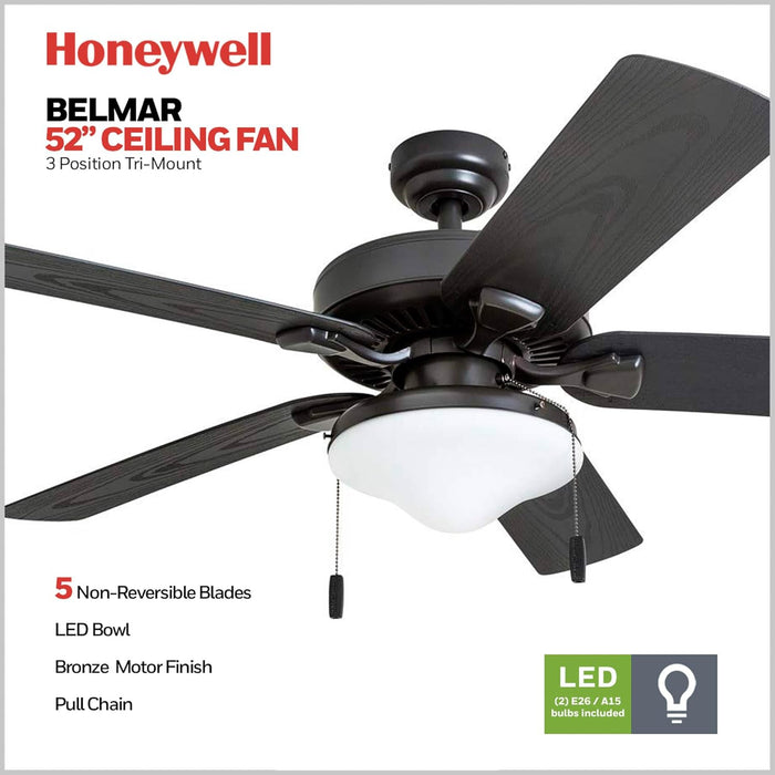 Ceiling Fans Belmar 52 Inch Ceiling Fan with Light, Indoor/Outdoor Ceiling Fan with Pull Chain, LED Tri-Mount 5 Blade Design, ETL Damp Rated, Bronze (50512-01)