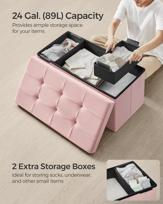Mazie Collection - Storage Ottoman Bench, Foldable Foot Rest, 15 X 30 X 15 Inches, End of Bed Bench, Storage Chest, Load 660 Lb, Living Room, Bedroom, Entryway, Jelly Pink ULSF247R01