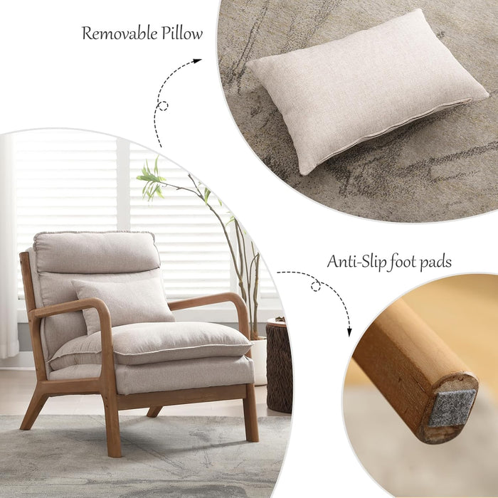 Mid Century Modern Accent Chair with Wood Frame, Upholstered Reading Armchair with Waist Cushion, Double Padded Accent Chair, Side Chair for Living Room Bedroom Office, Easy Assembly, Beige