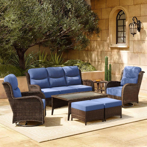 Luxury Patio Furniture Set with 6-Inch Thick Cushion, Outdoor Couch and High Back Swivel Rocker Patio Chairs, 7PCS Wicker Conversation Set for Deck, Yard, and Poolside in Blue (V2)