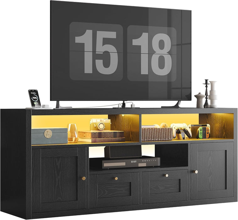 Premium Black TV Stand with 1" Thick Top for 65" TV, Modern TV Console with LED Lights, Charging Station & Storage, High-End Entertainment Center for Living Room and Bedroom
