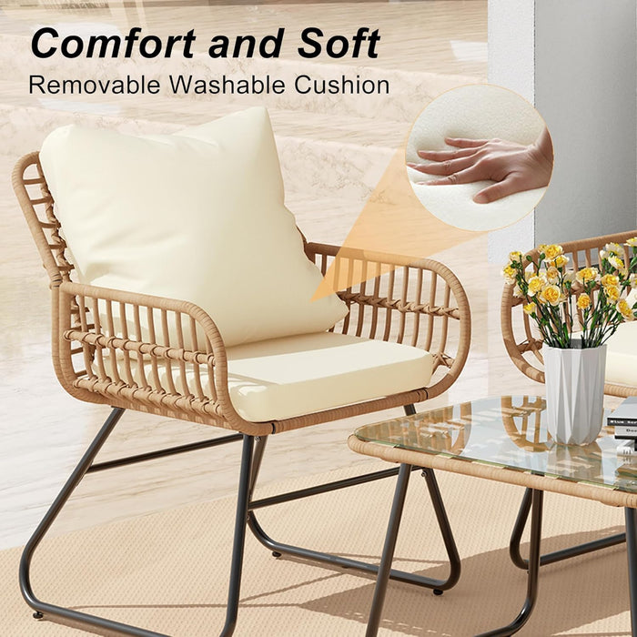 4-Piece Outdoor Patio Furniture Set with Cushions & Tempered Glass Table, All-Weather Rattan Bistro Set with Loveseat Chairs Table Soft Cushions for Garden, Porch, Backyard -Beige