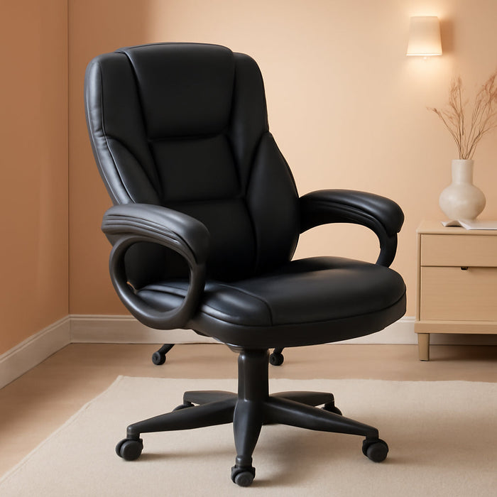 Office Executive Chair High Back Adjustable Managerial Home Desk Chair, Swivel Computer PU Leather Chair with Lumbar Support (Black)