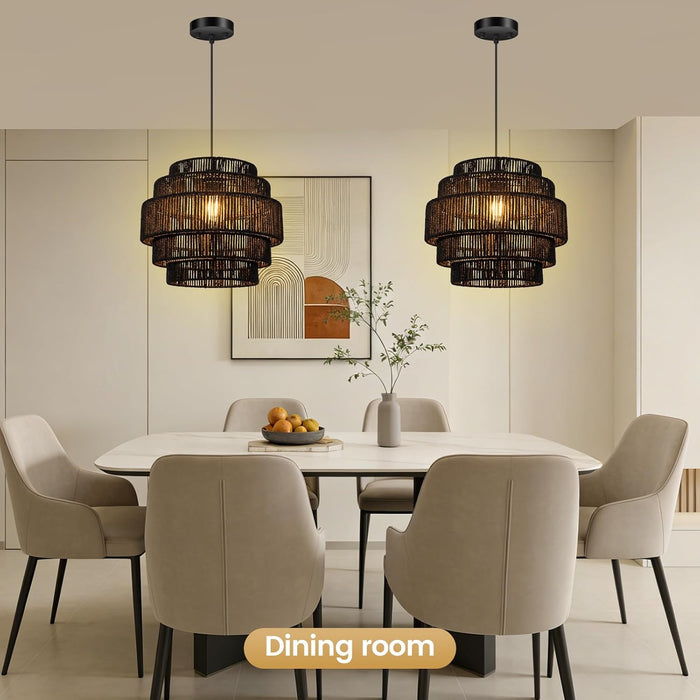 Black Boho Rattan Chandelier With Handwoven Shades