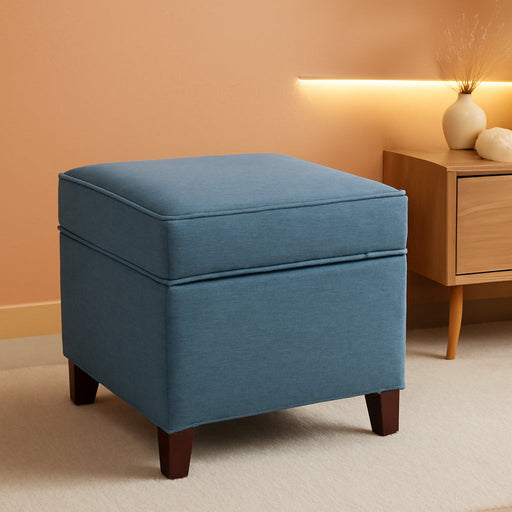 17" Square Ottoman with Storage, Small Blue Storage Ottoman Foot Rest with Hinged Lid & Solid Wood Legs, Linen Fabric Foot Stool for Living Room & Bedroom, Seasonal Home Refresh & Gifting