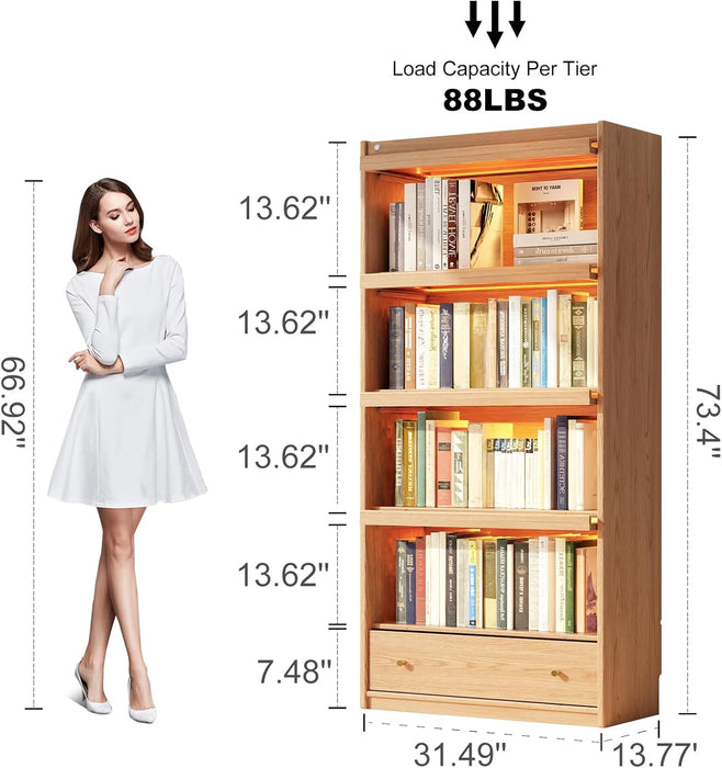 Tall Solid Hardwood Bookcase Tempered Glass LEDIllumination