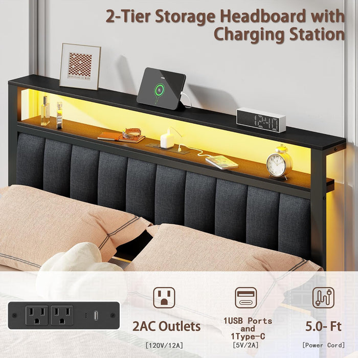 Queen Bed Frame with Storage Drawers and Upholstered Headboard