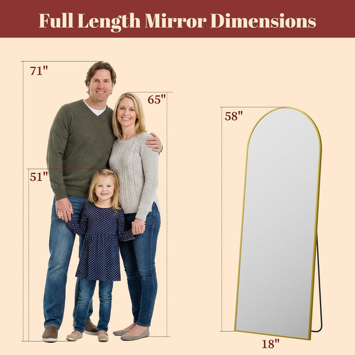 58"X18" Arched Full Length Mirror with Stand, Full Body Mirror with Aluminum Frame, Freestanding/Leaning/Wall-Mounted, Floor Mirrors for Bedroom, Living Room, Entryway, Dressing Room, Gold