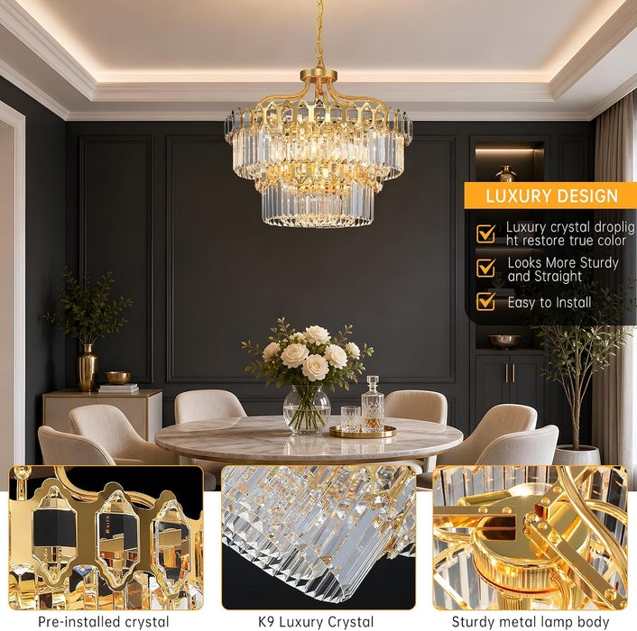 15-Light Modern Luxury Gold round Crystal Chandeliers for Dining Room 24"