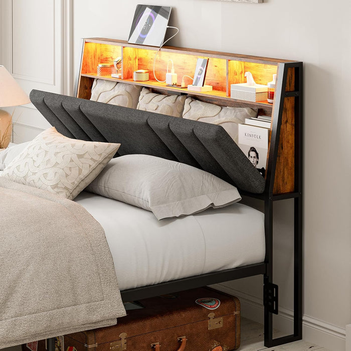 Queen Size Hidden Storage Headboard with LED Lights, Ergonomic Upholstered Queen Headboard Only with Charging Station, 2 Outlets & 2 USB Ports, Easy Assembly, Attach Frame, Dark Grey