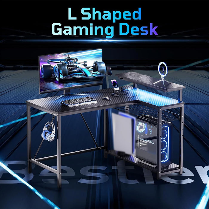 Gaming Desk with Power Outlets, 42" L-Shaped Computer Desk with LED Lights, Desk with Reversible Storage Shelves & Hooks for Small Spaces, Bedrooms & Offices, Black Carbon Fiber