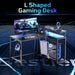 Gaming Desk with Power Outlets, 42" L-Shaped Computer Desk with LED Lights, Desk with Reversible Storage Shelves & Hooks for Small Spaces, Bedrooms & Offices, Black Carbon Fiber