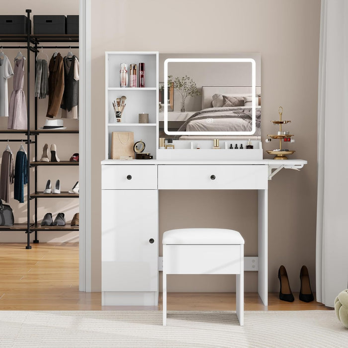 Vanity Desk Set with Mirror and LED Lights, Makeup Table with 2 Drawers & 1 Cabinet, Power Outlet, Storage Cushioned Stool, Dressing Table for Bedroom (White)