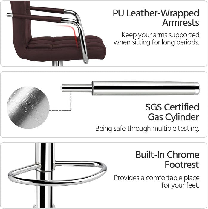 Tall Bar Stools Set of 2 Modern Square PU Leather Adjustable Barstools Counter Height Stools with Arms and Back Bar Chairs 360° Swivel Stool, Brown