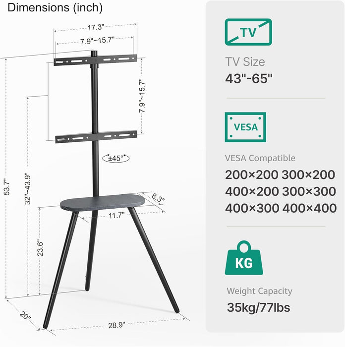 Tripod Easel TV Stand for 43 to 65 Inch LCD Led Screen, Height Adjustable and Swievel TV Stand, Portable TV Floor Stand with Wooden Tray for Bedroom, Living Room, Studio, Metal Black