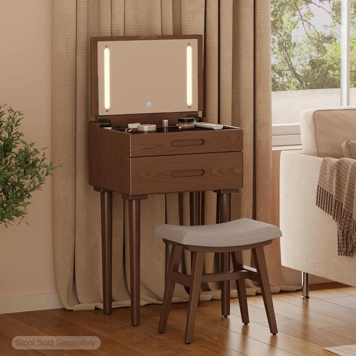 Solid Wood Small Vanity Desk with Mirror and Lights, Narrow Makeup Vanity for Small Space, Flip Top Vanity Side Table, 3 Color Modes & Adjustable Brightness, 19.6" Slim Dressing Table, Walnut