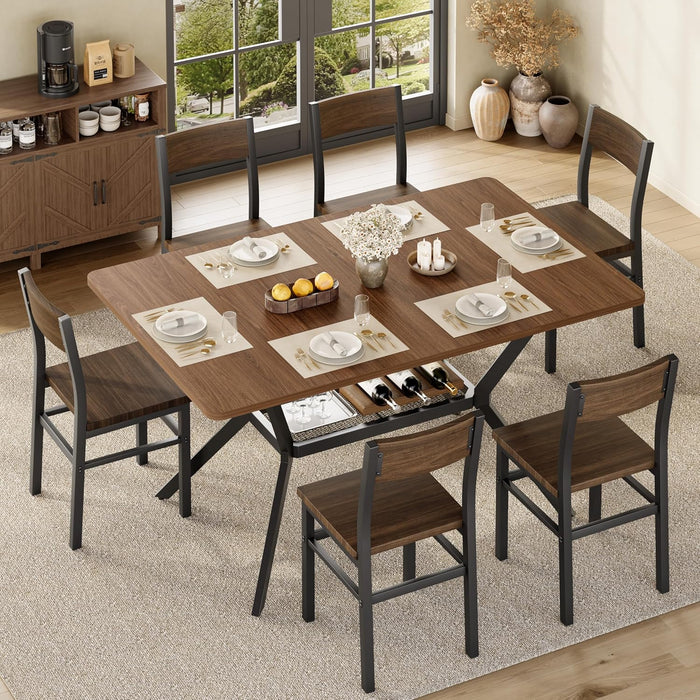 55 Inch Dining Table for 4-6, Rectangle Kitchen Table with Storage Shelf, Space Saving Modern Farmhouse Design with Sturdy Metal Legs for Dining Room & Small Apartments