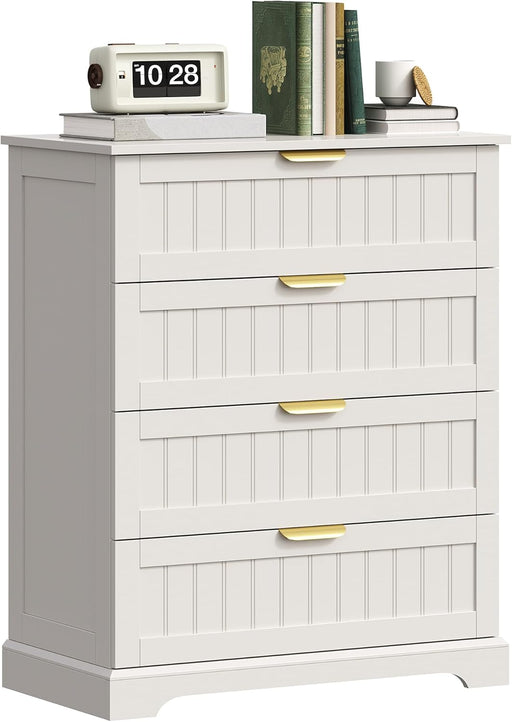 4 Drawer Dresser for Bedroom, Modern Farmhouse Wood Chest of Drawers with Metal Handles, Spacious Storage Drawers for Closet, Living Room, Entryway, White