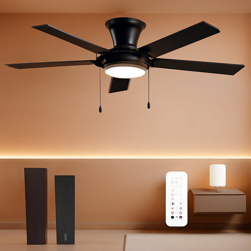 52Inch Ceiling Fans with Lights, Low Profile Ceiling Fan with Pull Chain and Remote Control, Flush Mount, Reversible, Dimmable, Noiseless, Black Pull Cord Ceiling Fan for Bedroom