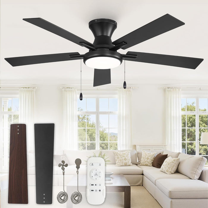 52Inch Ceiling Fans with Lights, Low Profile Ceiling Fan with Pull Chain and Remote Control, Flush Mount, Reversible, Dimmable, Noiseless, Black Pull Cord Ceiling Fan for Bedroom