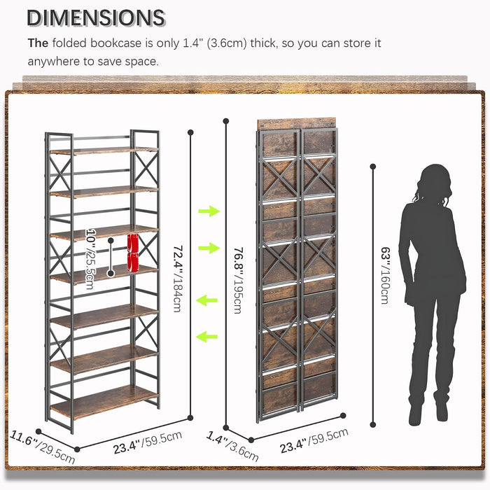7 Tiers No Assembly Book Shelves, 72.4" H Folding Bookshelf Bookcase Open Industrial Foldable Shelves for Bedroom, Living Room, Home Office - Rustic Brown Black