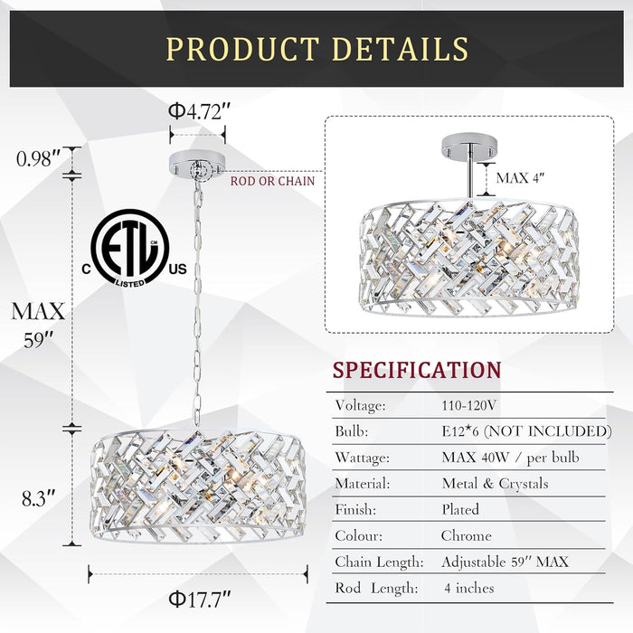 Chrome Crystal Chandelier Ceiling Mount Fixture Light