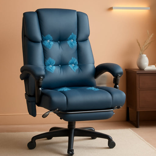 High Back Massage Office Chair with 6 Vibration Points, PU Leather Reclining Computer Chair, Ergonomic Desk Chair with Footrest Adjustable Height and Remote, Blue
