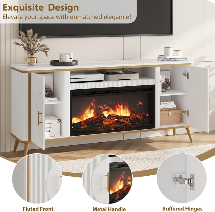 Fluted Fireplace TV Stand up to 80" Tvs, Modern Entertainment Center with 30" Electric Fireplace, Luxury Media Console with Adjustable Shelves for Living Room, White