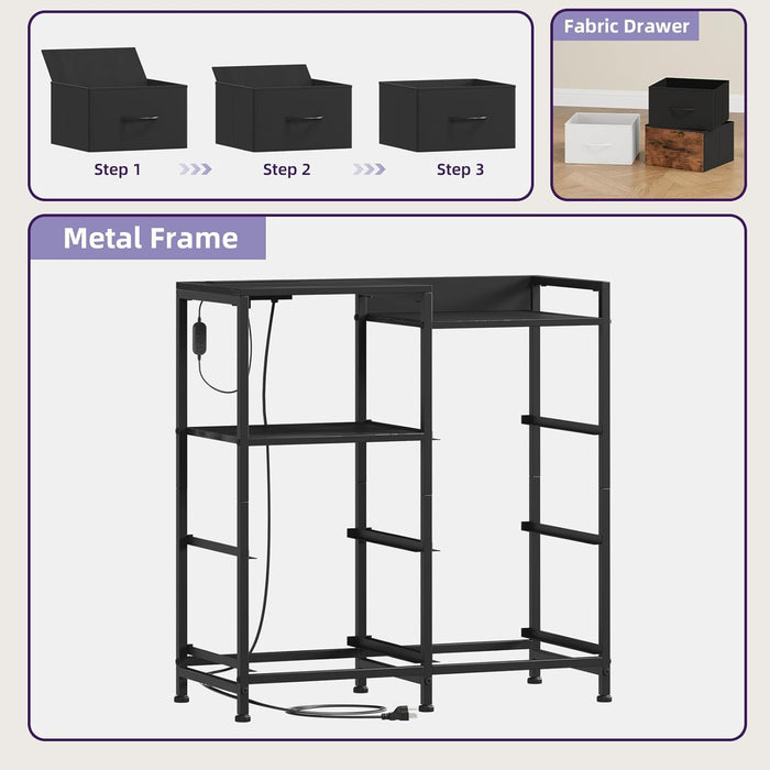 Black Nightstand with Charging Station and LED Light, Wide 5 Drawers Dresser for Bedroom with Fabric Bins and Open Shelf for Bedroom Kids Closet Dorm Guest Room, Black