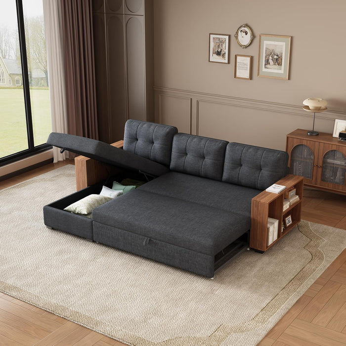 Dark Grey Sectional Sofa Bed L-Shaped, 84", Storage