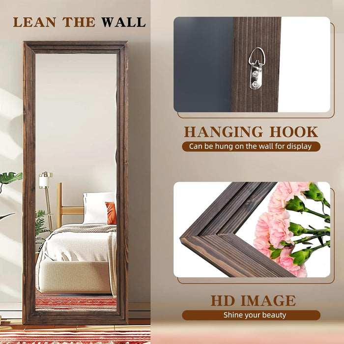 SixtyFiveInch Floor Mirror SolidWood Frame WalnutFinish Brown