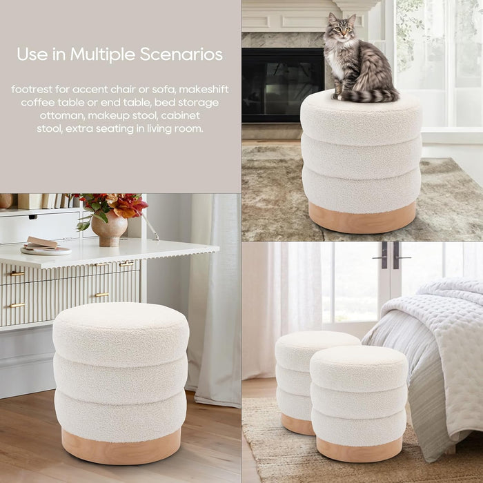 Sherpa Ottoman Footstool, Tufted Modern Foot Rest Stool with Wood Base for Living Room, Bedroom, Desk, round Versatile Side End Table, Pouf, Makeup Seat,2Pcs,Cream