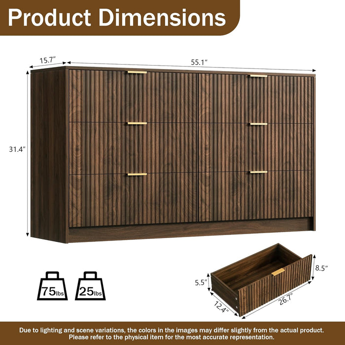 Walnut Dresser for Bedroom, Modern Dresser with 6 Drawers and Smooth Slides, Wide Chest of Drawers with Golden Handles for Bedroom, Living Room, Closet, 15.7" D X 55.1" W X 31.4" H