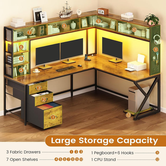 L Shaped Desk with Hutch and 3 Drawers, Convertible 94.5" Computer Desk with File Drawer, L Shaped Office Desk with Power Outlet, LED Lights, Storage and Pegboard for Home Office, Brown