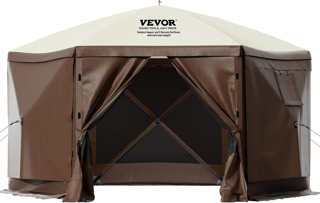 Camping Gazebo Screen Tent, 12 * 12Ft, 6 Sided Pop-Up Canopy Shelter Tent with Mesh Windows, Portable Carry Bag, Stakes, Large Shade Tents for Outdoor Camping, Lawn and Backyard, Brown/Beige