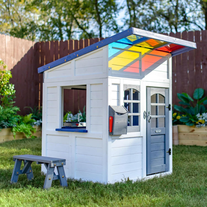 Wooden Playhouse Wendy House with Rainbow Shade, Interactive Kitchen, Working Doorbell, Mailbox & Outdoor Bench, White