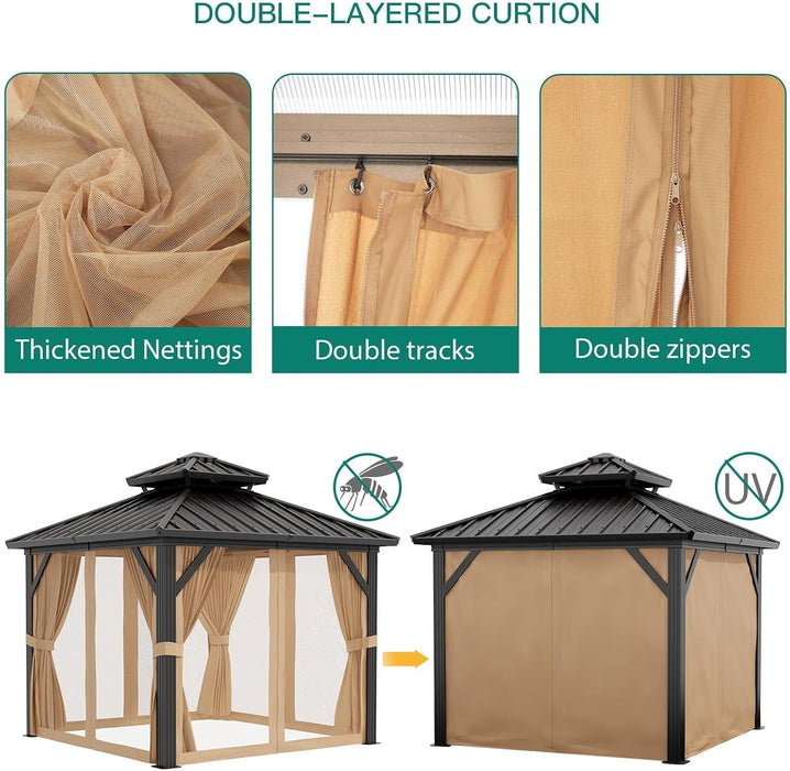 10x12 Feet SturdyHardtop Gazebo Grey Weatherproof Netting