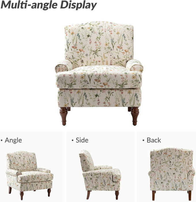 Accent Chair with Solid Legs & Removable Cushion, Floral Comfy Upholstered Armchair, Leisure Single Sofa Chair for Living Room/Bedroom, Spring