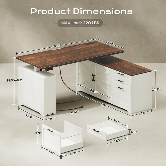 55'' Farmhouse L Shaped Standing Desk with Outlets and Drawers