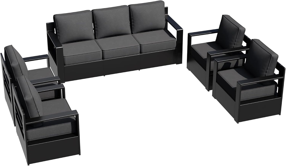 Outdoor Aluminum Furniture Set, 5-Piece Patio Conversation Set, 4 Chairs and 1 Sofa, All-Weather Metal Frame, 6" Thick Removable Cushions, Deep Setting for Garden, Poolside and Porch