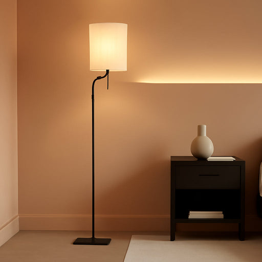 Modern Floor Lamp with 3 Color Temperatures, Square Linen Shade & Solid Iron Flat Base for Stability - Perfect for Compact Spaces under Sofas or behind Sectionals, Living Room, Bedroom, Office