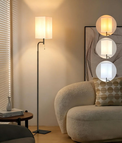 Modern Floor Lamp with 3 Color Temperatures, Square Linen Shade & Solid Iron Flat Base for Stability - Perfect for Compact Spaces under Sofas or behind Sectionals, Living Room, Bedroom, Office
