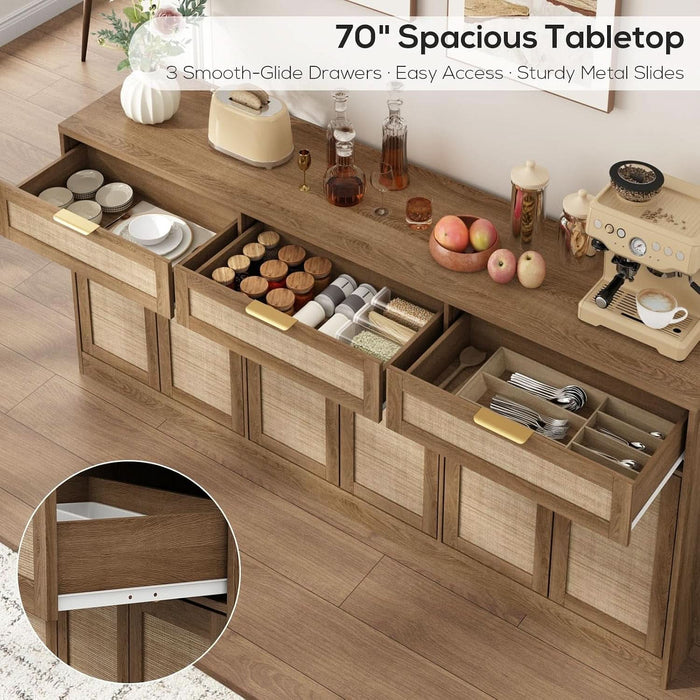 70" Rattan Sideboard Buffet Cabinet, Large Credenza Storage Cabinet