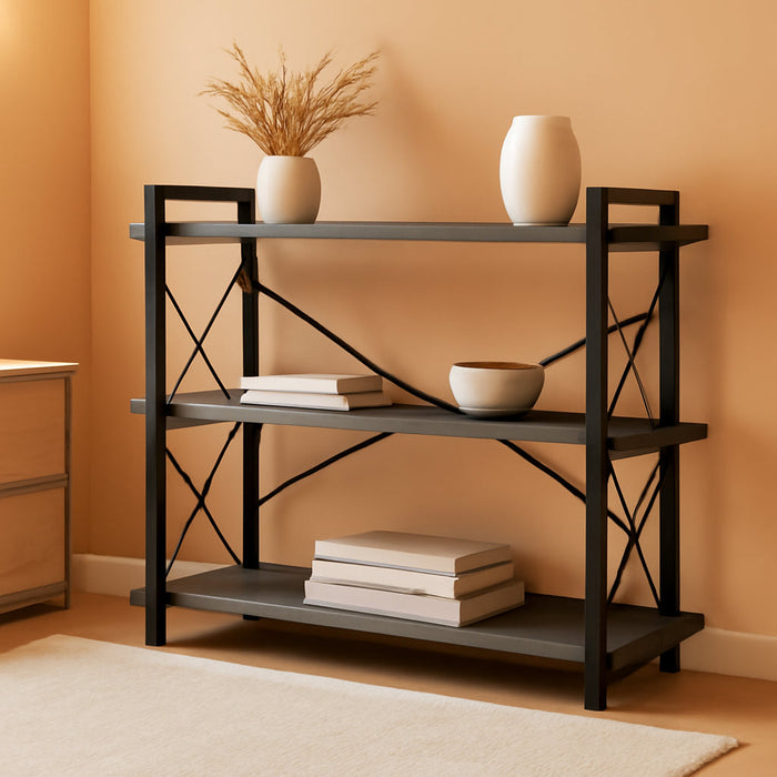 Bookshelf, 3-Tier Industrial Bookcase, Rustic Open Book Shelf, Freestanding Horizontal Bookshelves with Metal Frame