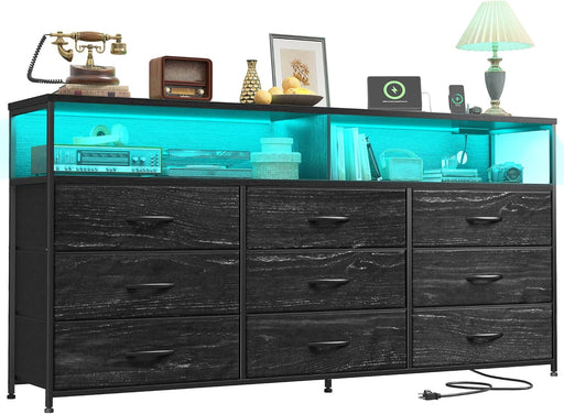 55" W Dresser for Bedroom with 9 Drawers LED TV Stand with Power Outlets for 45, 55, 65 Inch TV Sturdy Long Chest of Drawers with Extra 2 Wooden Shelves Steel Frame Grain Black