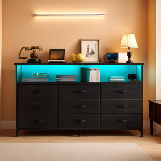 55" W Dresser for Bedroom with 9 Drawers LED TV Stand with Power Outlets for 45, 55, 65 Inch TV Sturdy Long Chest of Drawers with Extra 2 Wooden Shelves Steel Frame Grain Black
