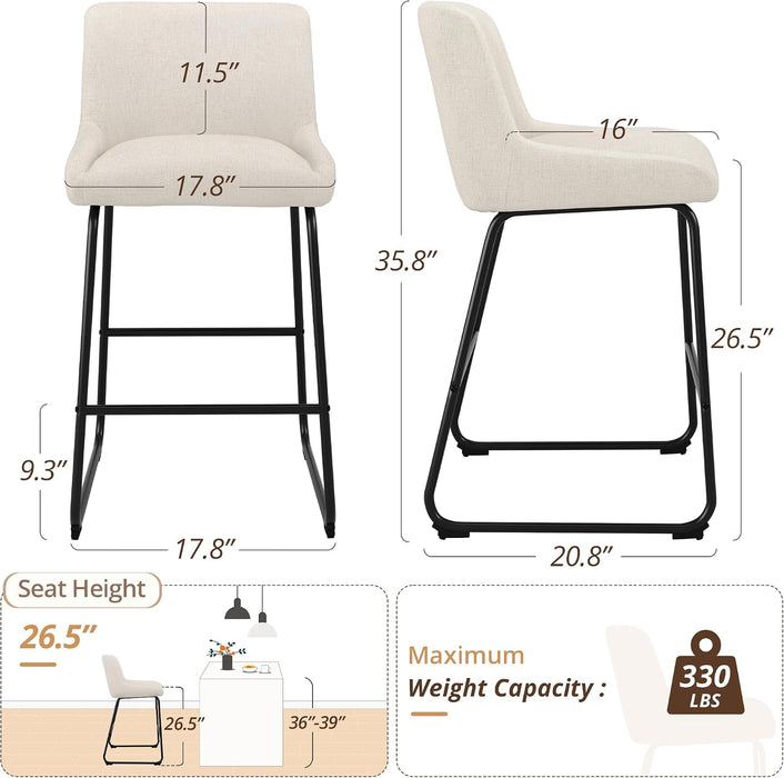 26 Inch Counter Height Bar Stools Set of 3, Linen Upholstered Barstools, Barstool with Back, Comfortable Bar Chairs, Modern Counter Stools for Kitchen Counter Island