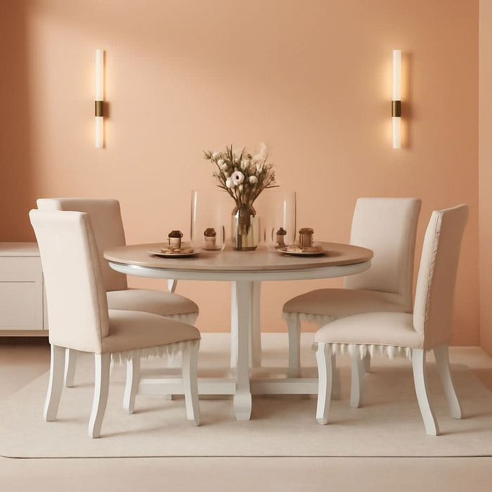 TREXM 5-Piece Farmhouse Dining Table Set Wood round Extendable Dining Table and 4 Upholstered Dining Chairs (Oak Natural Wood + Antique White)