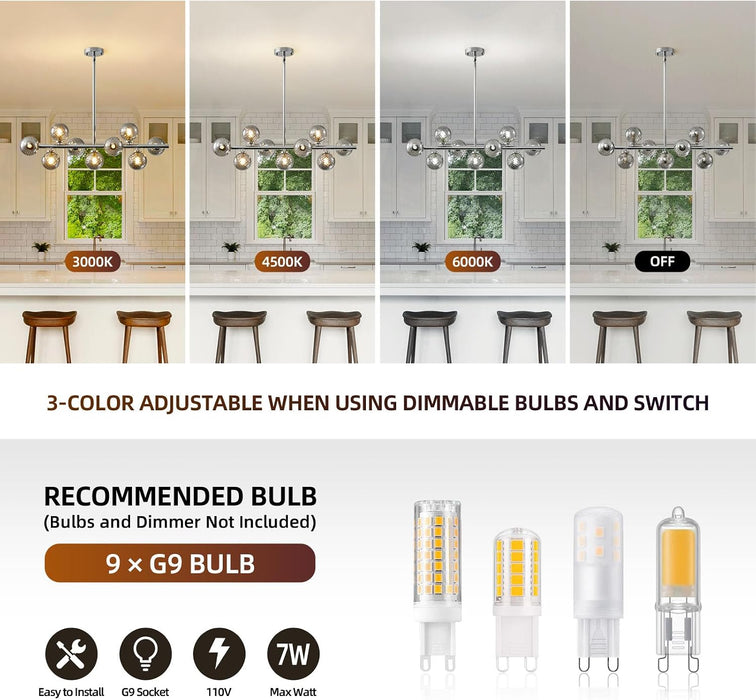 Mid Century Modern Sputnik Chandeliers,9-Light Dining Room Light Fixture | Globe Smoke Grey Glass Dining Room Chandeliers,Chrome Long Linear Sputnik Ceiling Light,Modern Pendant Light Kitchen Island