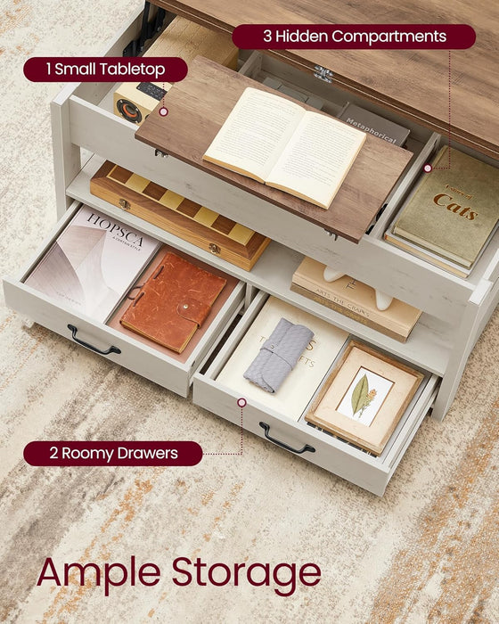 Coffee Table Lift Top, 3 in 1 Center Table with Storage, Gas Spring, 2 Drawers and 3 Hidden Compartments, Open Shelf, for Living Room, Home Office, Honey Brown and Rustic White ULCT254W01
